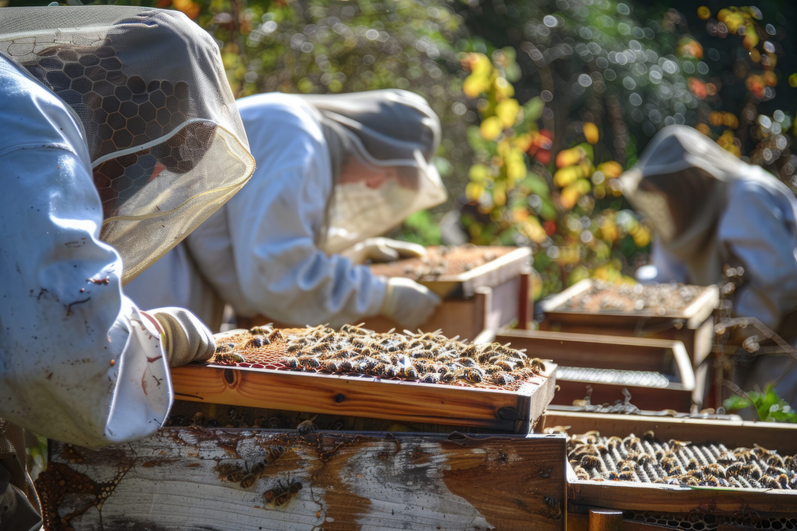 Beekeeper working on hive box with bees outdoors