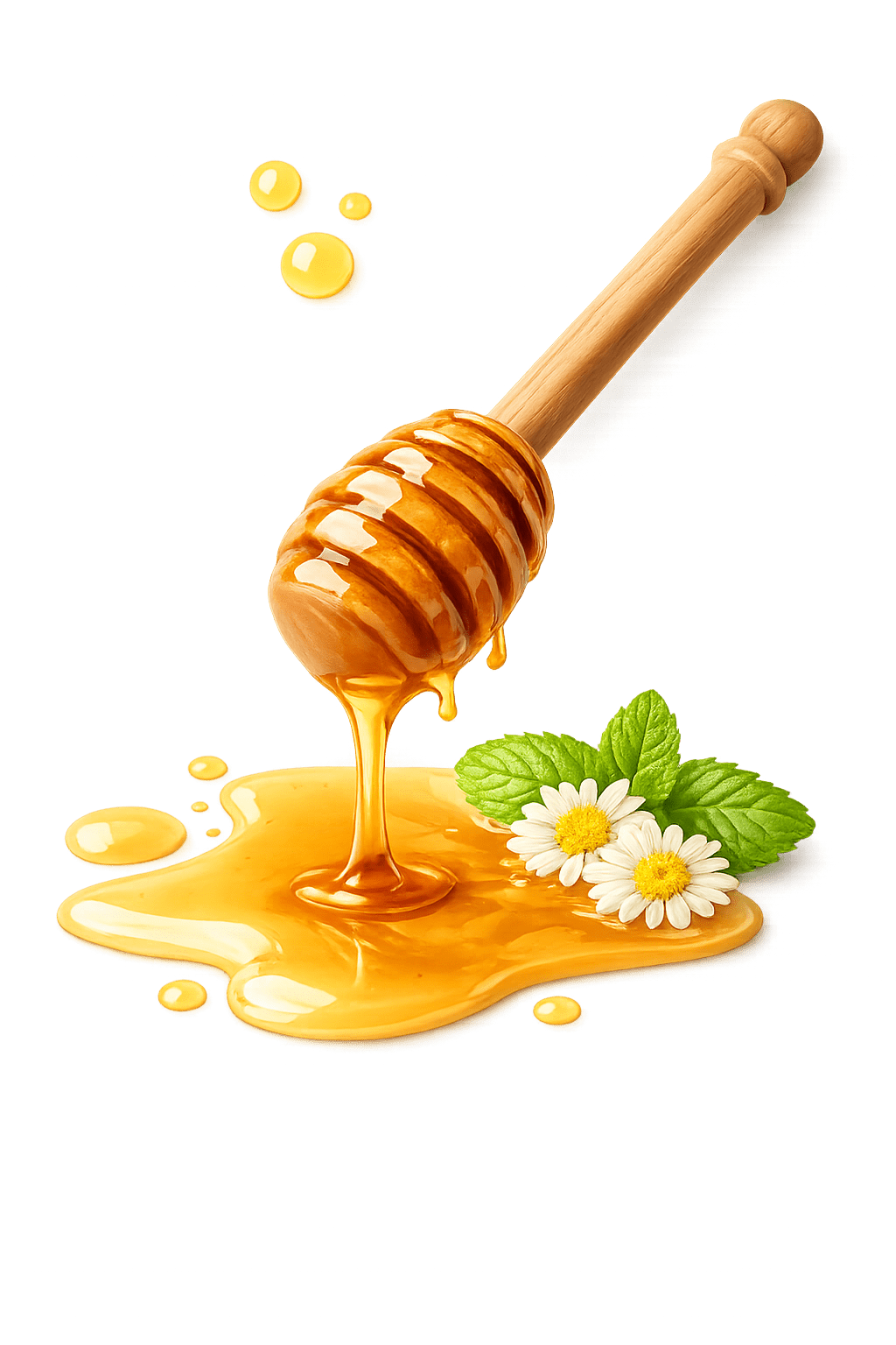 Honey dipper dripping honey with mint leaves and chamomile flowers